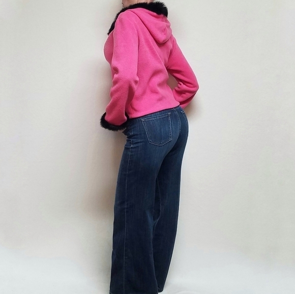 VINTAGE OOAK Upcycled Hot Pink Fleece Black Rabbit Fur Trim Full-zip Cardigan - Picture 4 of 16